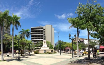 Lush palm trees along modern skyscrapers and historical monuments in Paseo Bolivar, Barranquilla, Colombia.